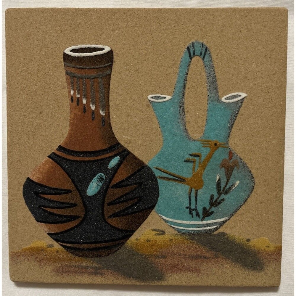 Navajo Sand Art Painting Signed "Water Jar & Wedding Vase" by Wilson Price Sr